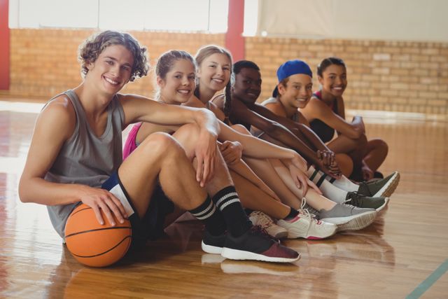 Portrait of high school kids sitting on the floor in basketball court indoors