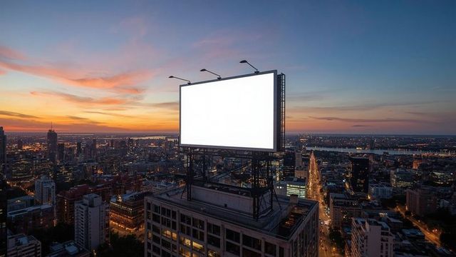 Blank billboard on urban rooftop during vibrant dusk skyline