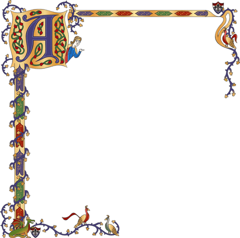 Transparent medieval illuminated letter A corner border with vines and heraldic birds