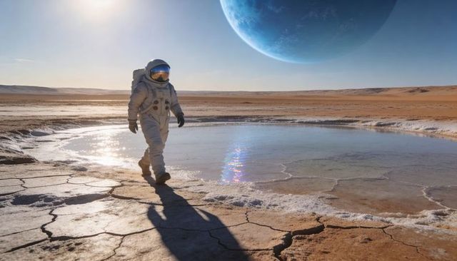 Astronaut Walking Across Cracked Salt Plain Near Alien Ocean Under Giant Blue Planet