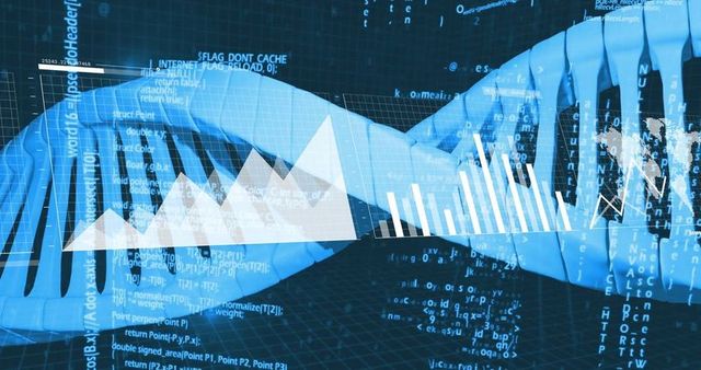 Futuristic blue dna helix with digital code and data charts