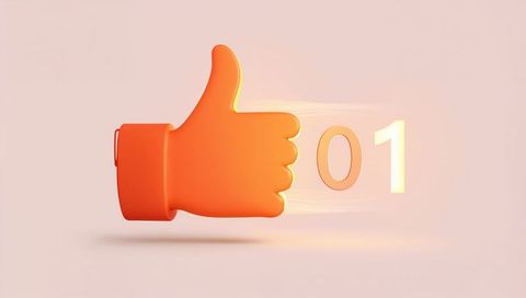 Floating orange thumbs-up icon conveying dynamic upvote 01 motion on pastel pink backdrop