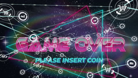 Retro Video Game Over Screen with Digital Network Overlay