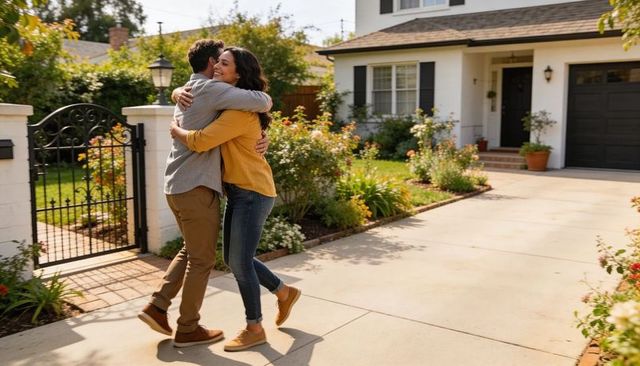 Couple embracing on sunlit suburban driveway by wrought-iron gate, joyful reunion