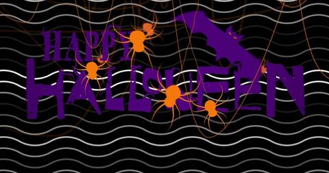 Stylized happy halloween banner with spiders and bat