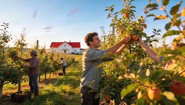Picking ripe apples in sunlit orchard, harvest crew working together at golden hour farm