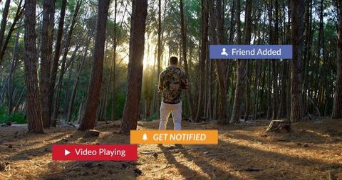 Man Engaging with Smartphone amidst Pine Forest Ambience