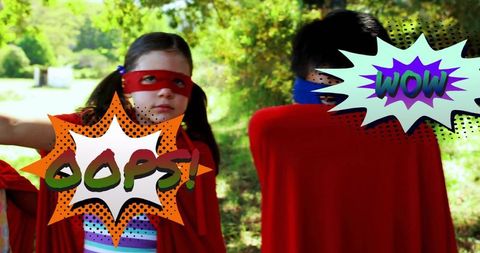 Kids dressed as superheroes playing in park with comic-style oops wow bubbles colorful capes masks