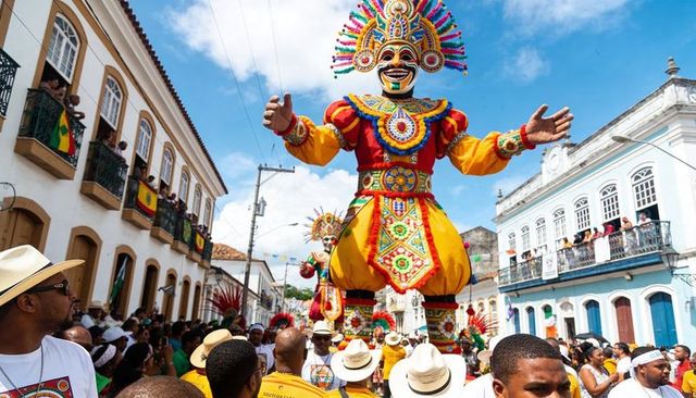 Towering colorful puppet parading along colonial street during vibrant carnival celebration
