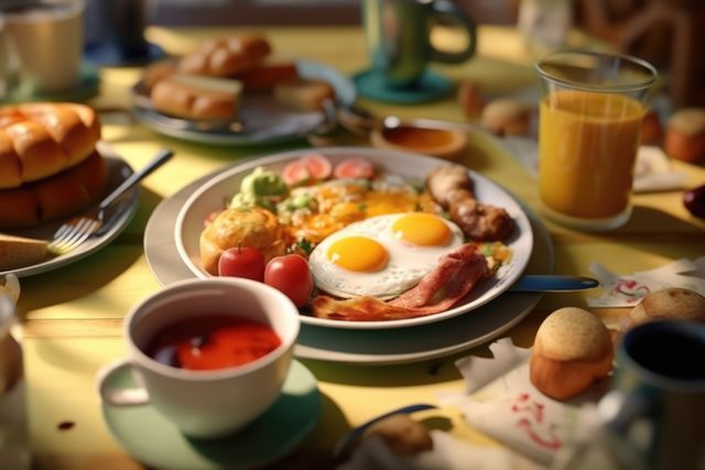 Brunch food with eggs on plates and drink on table, created using generative ai technology. Brunch, eating, food and drink concept digitally generated image.