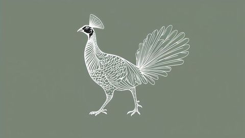 Elegant line-art bird animal with intricate tail on olive background