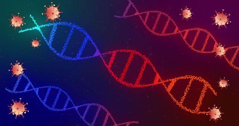 Vivid DNA Crossed by Virus Particles in Futuristic Digital Design