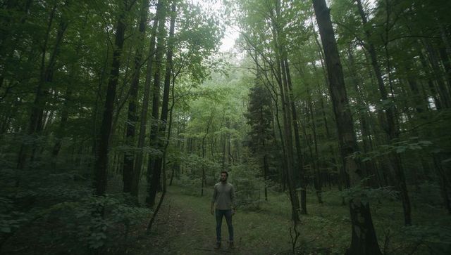 Standing man on narrow forest trail under dense green canopy, solitary hiker in woodland