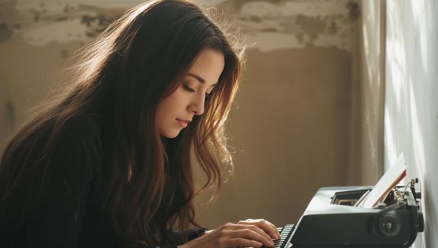 Young woman typing on vintage typewriter by window creating nostalgic writer portrait