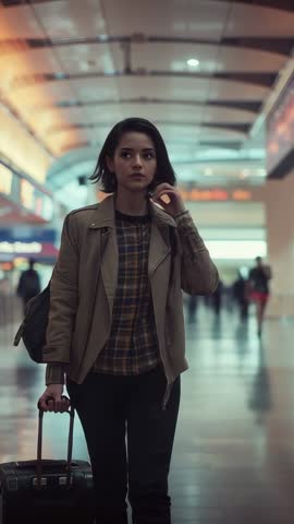 Solo female traveler rolling suitcase through airport concourse scanning departure displays