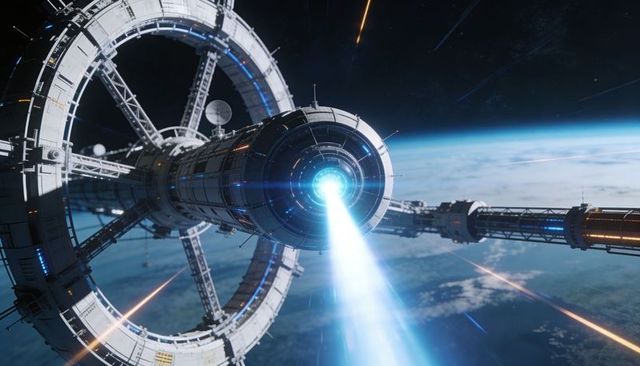Rotating Ring Space Station Projecting Powerful Blue Energy Beam Above Earth's Horizon