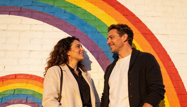 Smiling couple sharing warm gaze in front of rainbow mural at golden hour