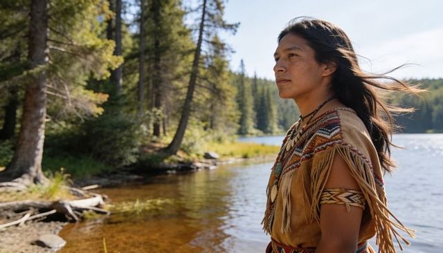 Native american man wearing beaded buckskin regalia standing calm at forest lake shore