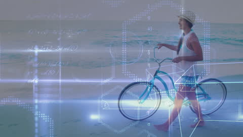 Caucasian Woman with Bicycle and Digital Data Overlay on Beach