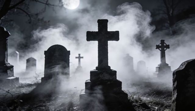Moonlit fog surrounding weathered stone cross in old cemetery, eerie nocturnal graveyard scene
