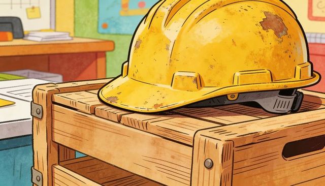 Scuffed yellow hard hat resting on wooden crate in construction trailer, textured illustration