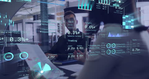 Colleagues Analyzing Virtual Data and Business Charts