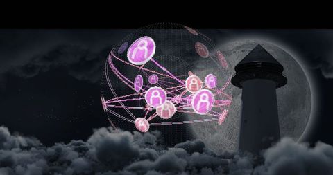 Futuristic Digital Connectivity Concept Over Moonlit Coastline