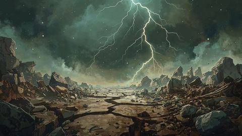 Dramatic Lightning Striking Arid Canyon Floor in Stormy Weather