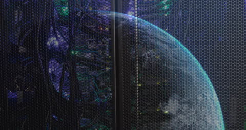 Rotating Globe Overlay on Server Rack in Technology Center