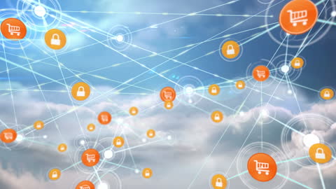 Digital Network of E-commerce and Security Icons In Sky