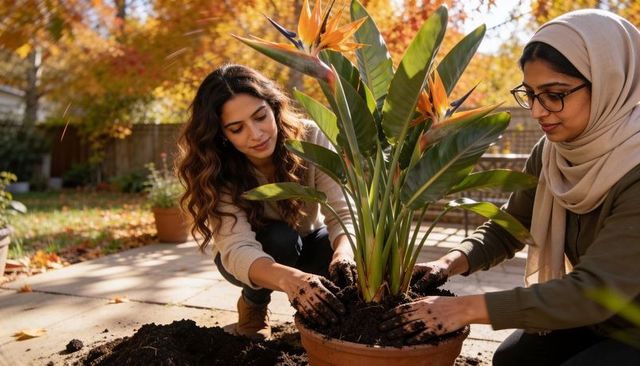 Two women planting bird of paradise on sunny autumn patio, gardening together