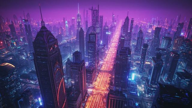 Futuristic Cyberpunk Cityscape with Neon Lit Skyline at Night