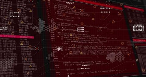 Crimson cybersecurity dashboard displaying highlighted code, alerts and hex grid overlay