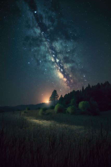 Perfect for use in backgrounds, promoting astronomy events, travel flyers, nature calendars, or serenity and mindfulness content, this image beautifully captures a mesmerizing night sky featuring the Milky Way over a peaceful meadow with the silhouette of a lone tree. Ideal for inspiring a sense of wonder, tranquility, and connection to nature.