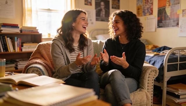 College roommates laughing together in sunlit dorm room during study break