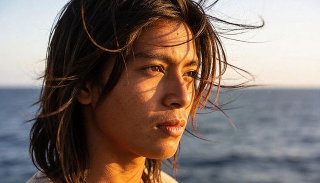 Windblown asian man gazing toward horizon over ocean during golden hour sunset, warm glow
