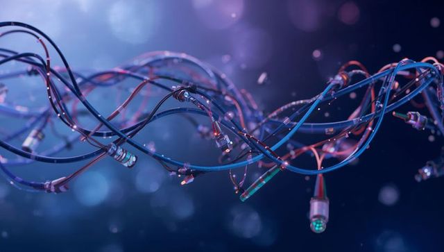 Twisting network cables with glowing leds and metal connectors in abstract digital macro