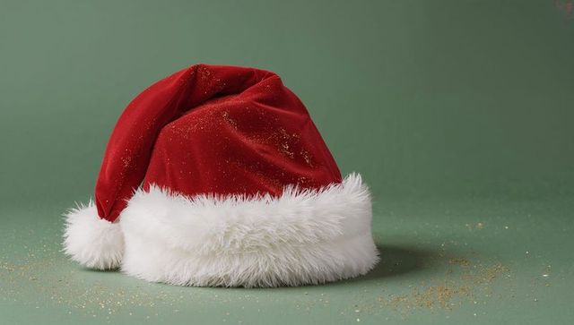 Resting red velvet Santa hat with fluffy faux-fur trim and sparkling gold glitter on green