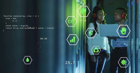 IT Analysts Collaborate in Data Center with Futuristic Interface
