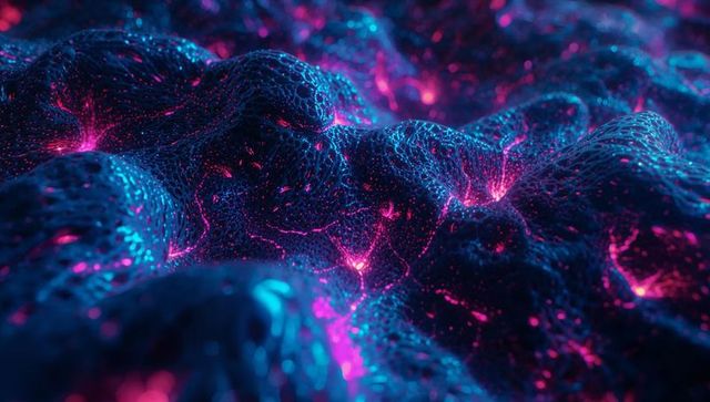 Futuristic cybernetic terrain with neon mesh and nodes