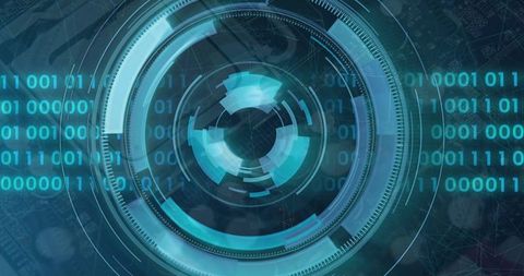 Futuristic Digital Interface with Binary Code and Rotating HUD Elements