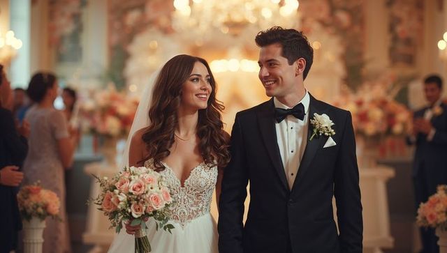 Elegant Bride and Groom Walking Down Aisle, Romantic Floral Wedding Setting