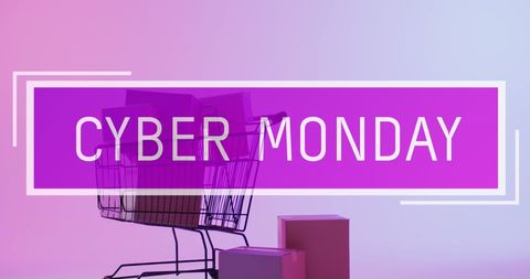 Colorful cyber monday shopping trolley with gift boxes