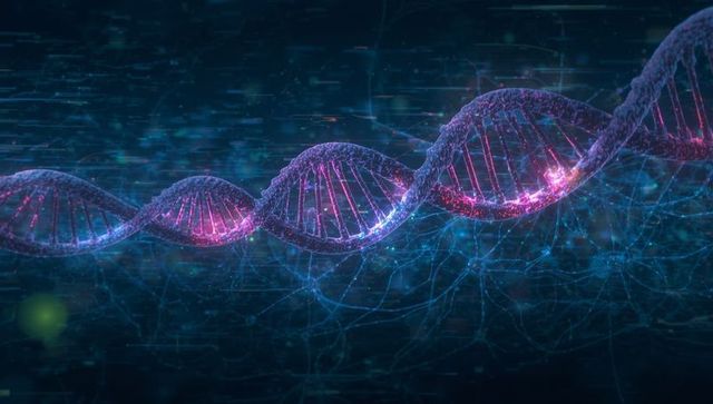 Illuminated dna double helix floating in digital network background