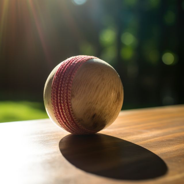 Cricket ball with red stitches on wooden surface, bathed in sunlight outdoors. Perfect for sports equipment, cricket-themed campaigns, summer sports promotions, and leisure activity illustrations.