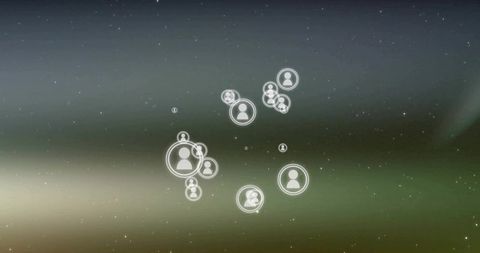 Glowing avatar network hovering over cosmic gradient, futuristic minimalist connectivity interface
