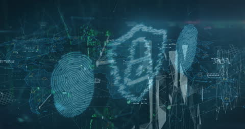 Digital Cybersecurity Concept with Shield and Fingerprint Animation