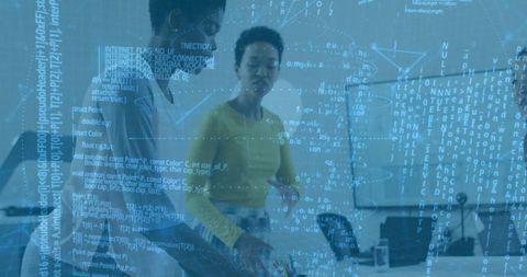 Professional Team Analyzing Data with Digital Code Overlay