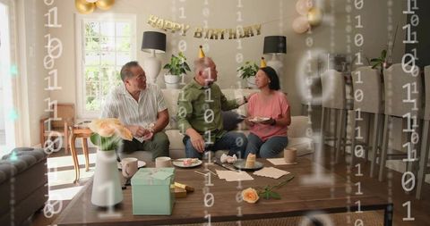 Cozy Birthday Celebration with Three Adults on Sofa Wearing Party Hats and Sharing Cake