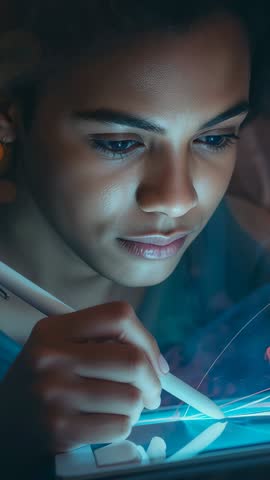 Student Sketching Glowing Digital Designs on Tablet with Stylus | Vertical Creativity Video